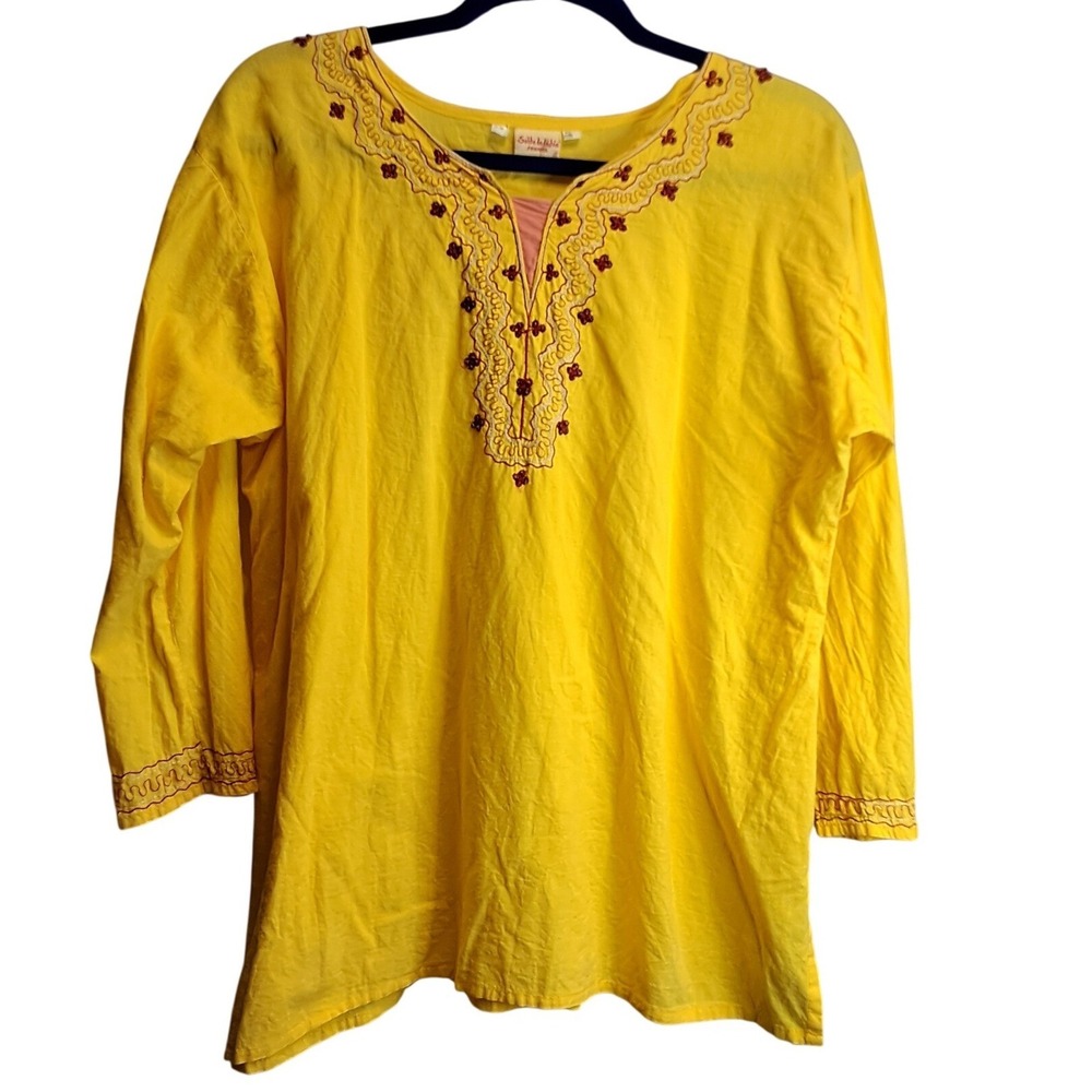 Sol de‎ la India Yellow Cotton Embroidered Tunic Top Womens Large 3/4 Sleeve